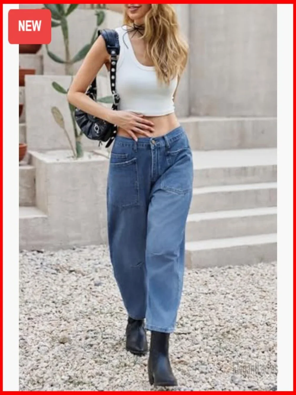 High Waisted Wide Leg Barrel Jeans Vintage Denim Pants with Patch Pockets - Picture 4 of 7